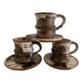 Set of 3 Danish Waldorff cups and 3 saucers in glazed stoneware