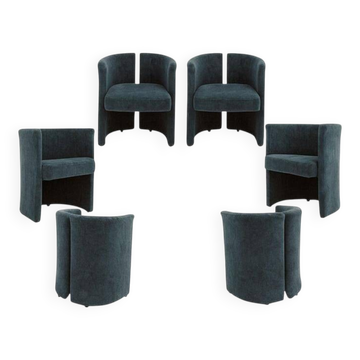Chaises courbes italiennes modernes du milieu du siècle en velours bleu, ensemble de six