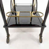 Mid-century italian brass & stained mahagony in high gloss finish bar cart