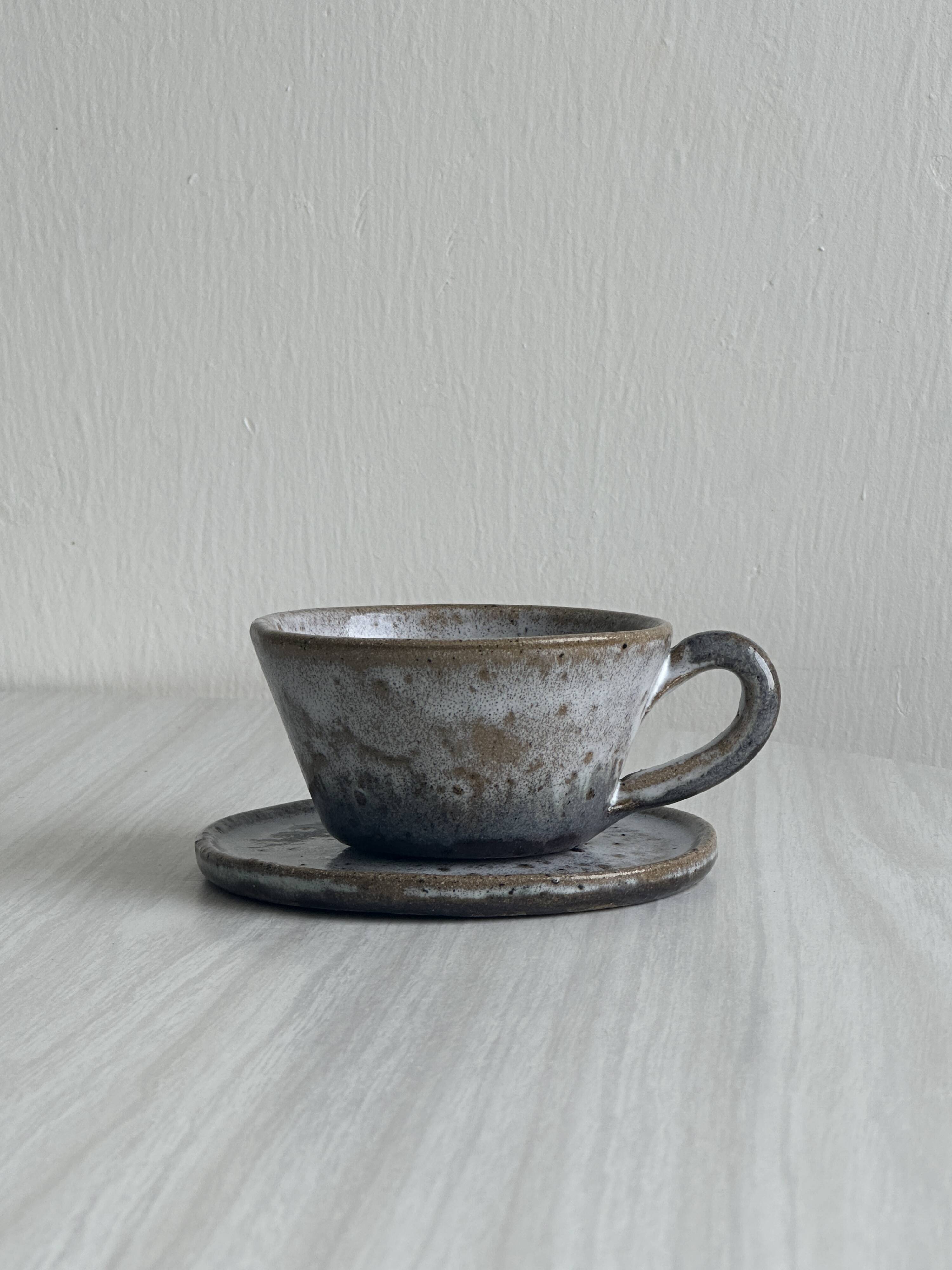 Handmade stoneware coffee set, 6 cups, saucers and sugar bowl, natural tones
