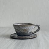 Handmade stoneware coffee set, 6 cups, saucers and sugar bowl, natural tones