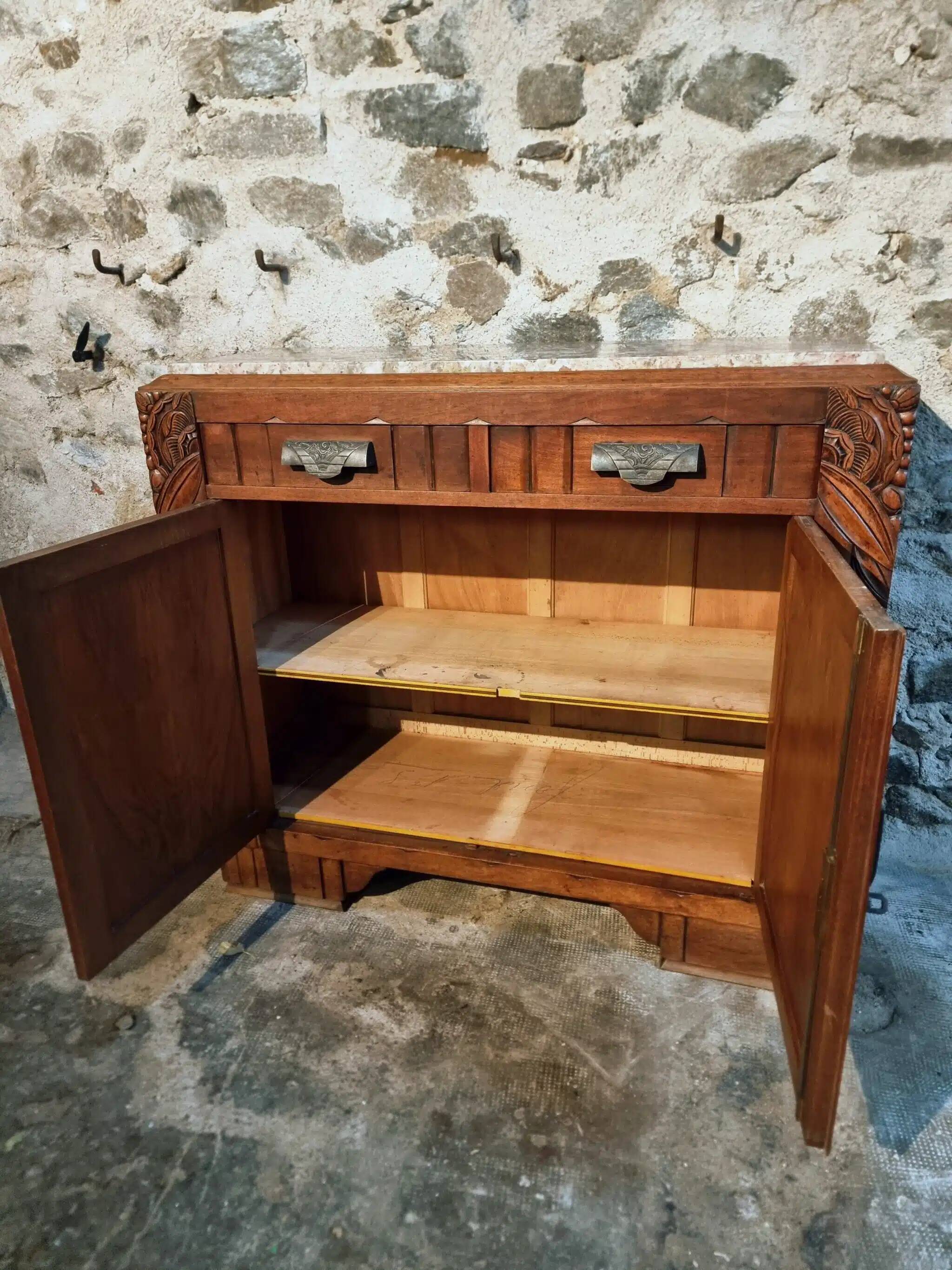 French Art Deco walnut sideboard with marble top (1920s)