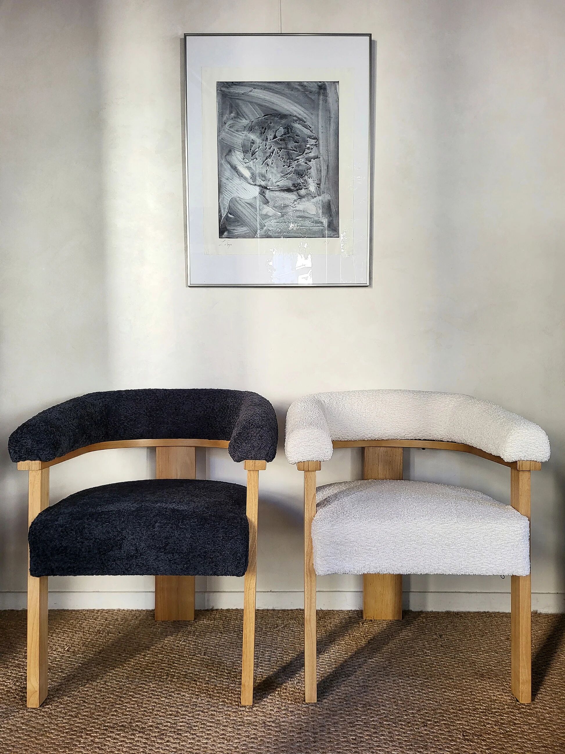 Contemporary armchair in wood and white bouclé fabric