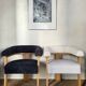 Contemporary armchair in wood and white bouclé fabric