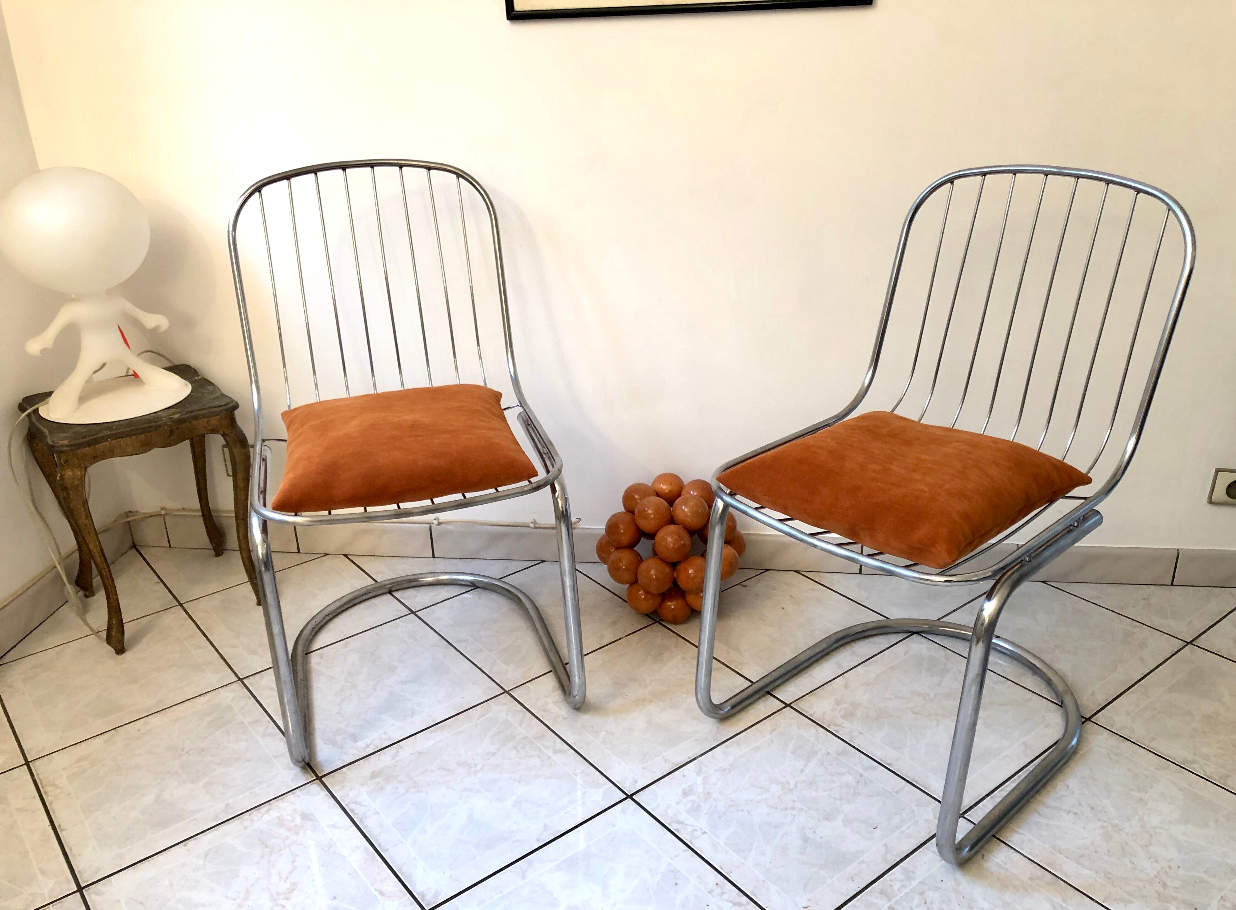 Pair of Cantilever chair design Gastone Rinaldi vintage 70 chrome steel wires