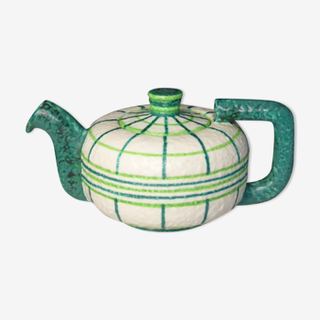 Vintage white ceramic teapot with green stripes marked Cerart Monaco