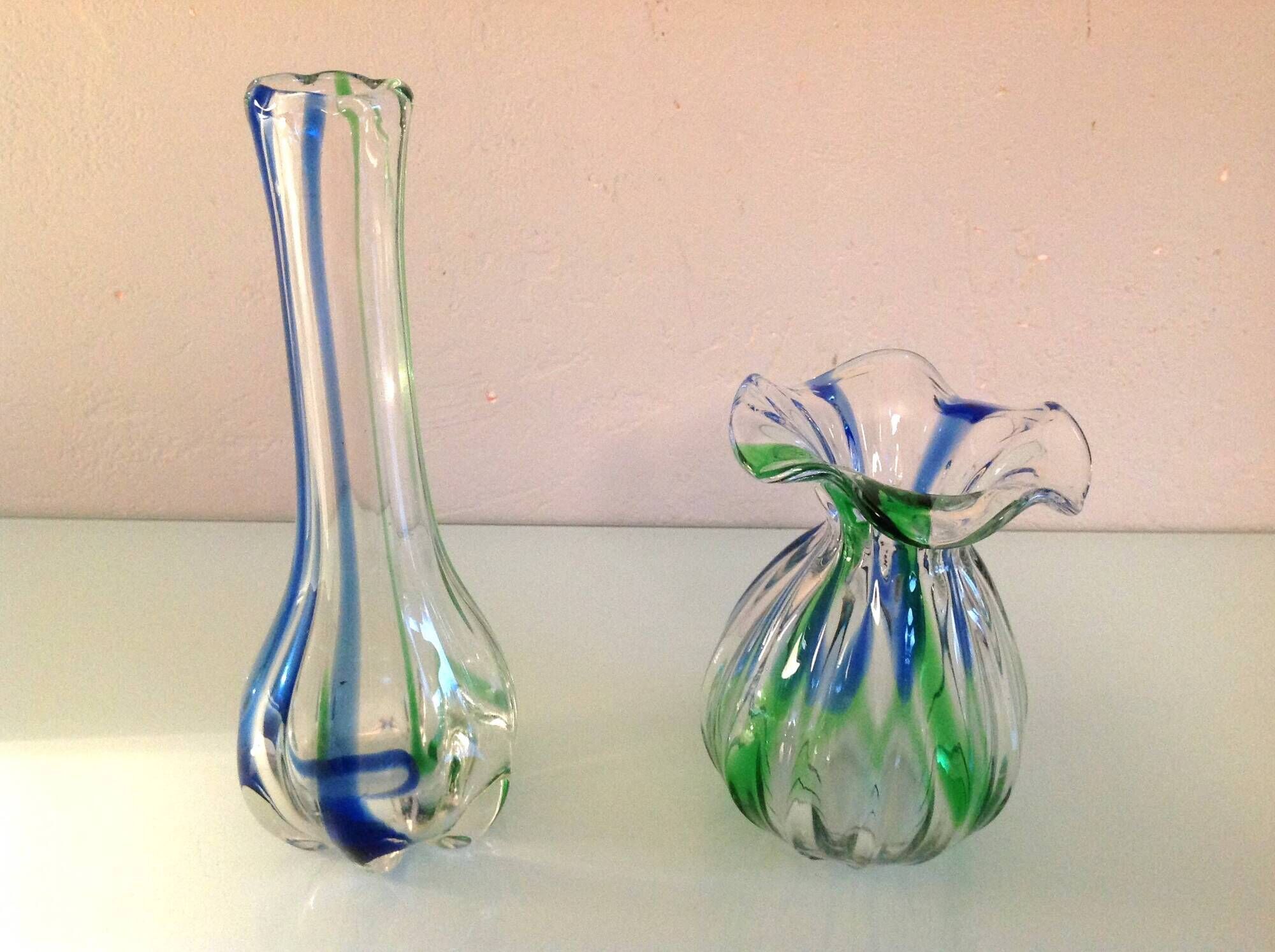 Pair of soliflore vases in polychrome ribbed glass / vintage 60s-70s