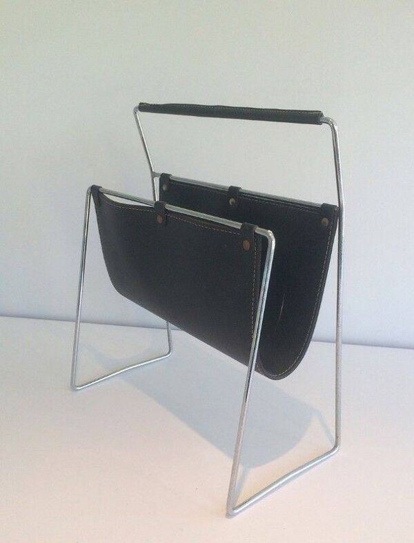 Porte-revues en chrome et cuir noir