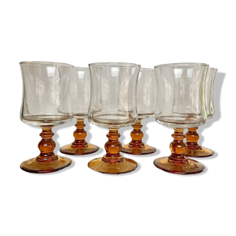 6 small vintage amber stemmed glasses
