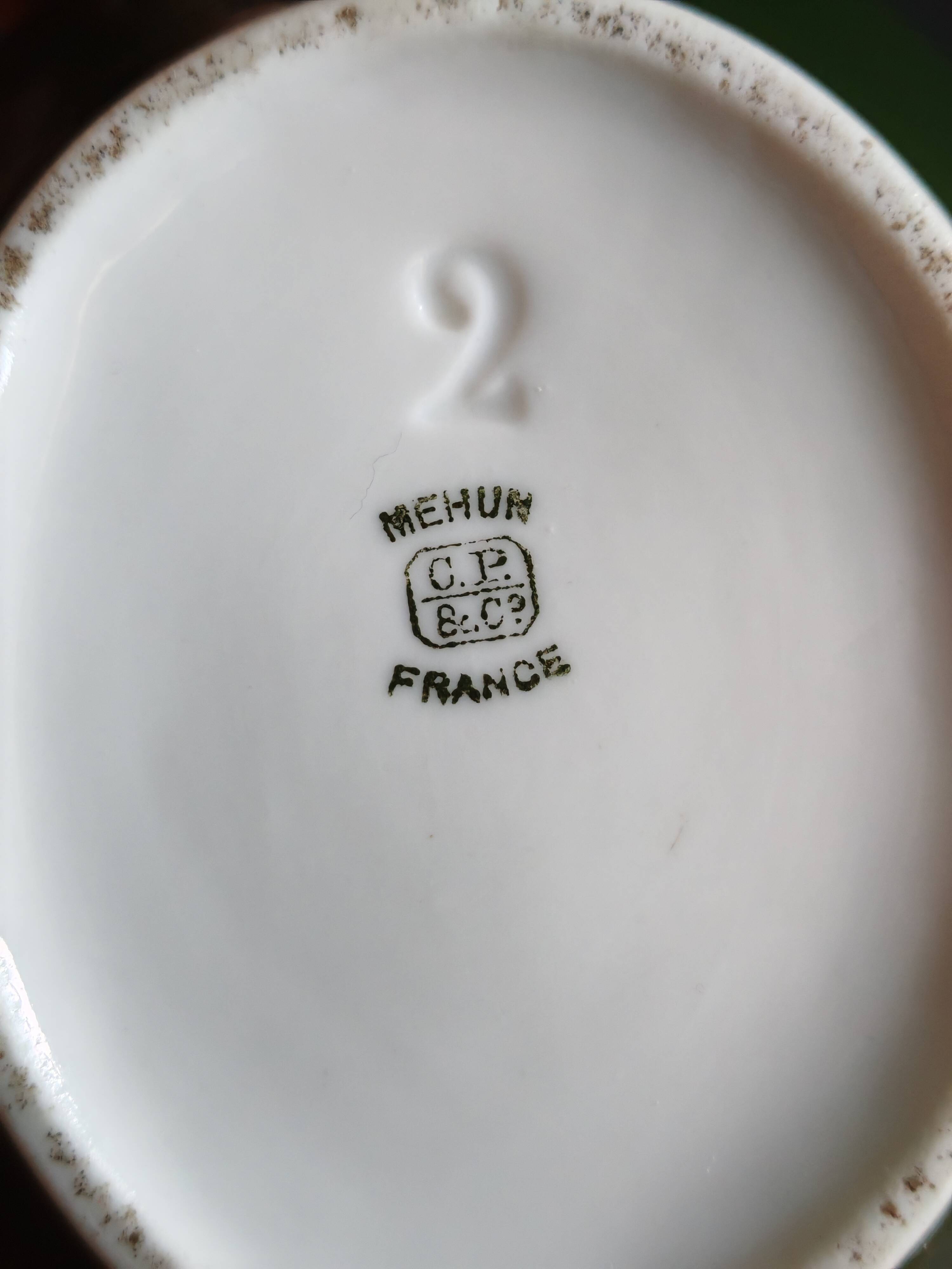 Vintage Teapot Mehun France Numbered, Green and Gold Porcelain