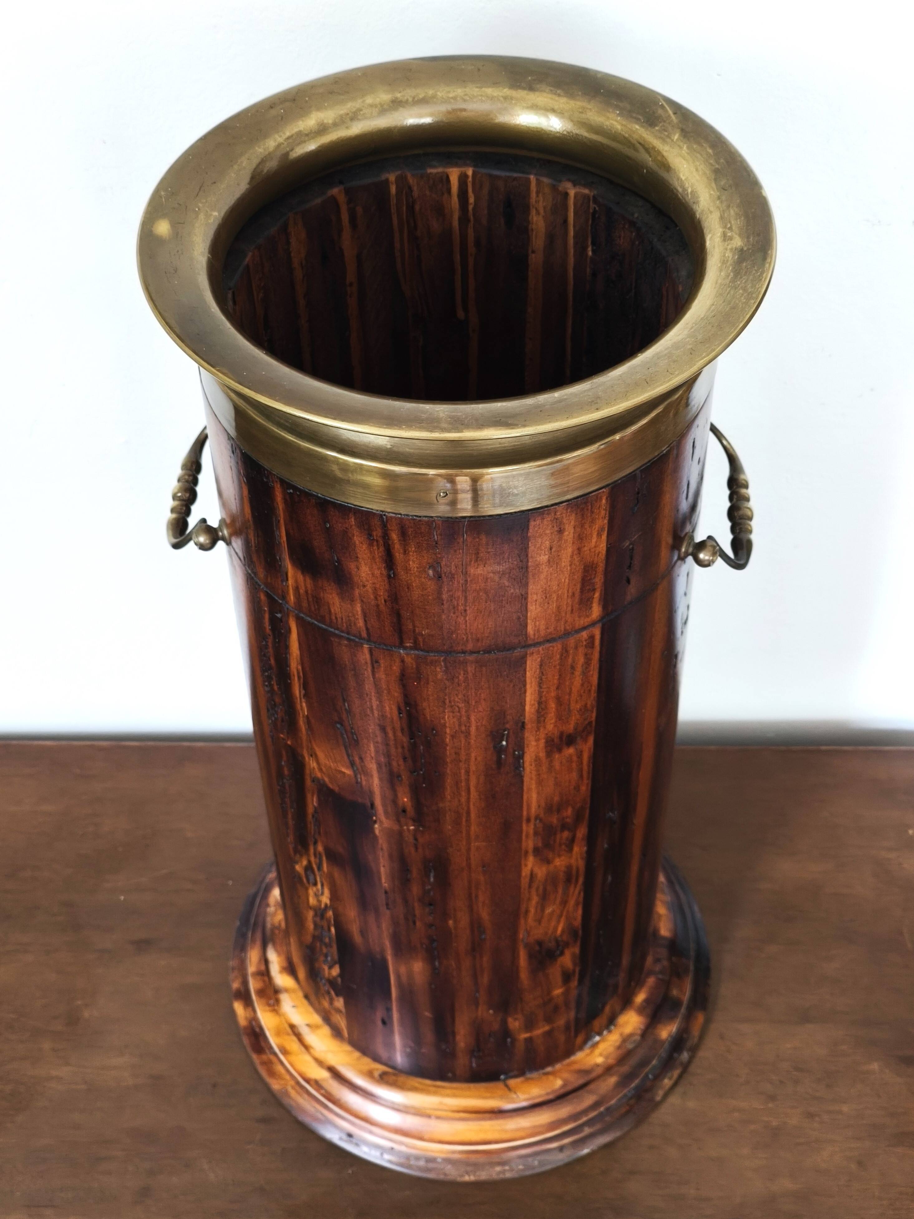Vintage Florentine umbrella stand made of reclaimed wood and brass.