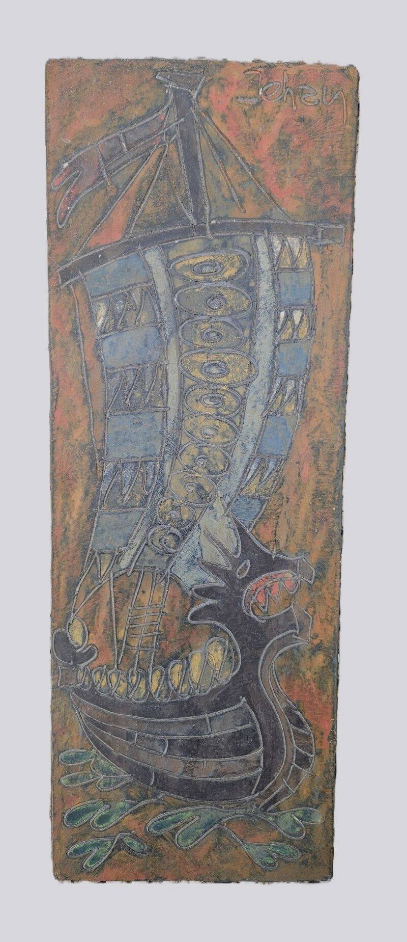 JEHAN - Painted Carved Panel with DRAKKAR Motif