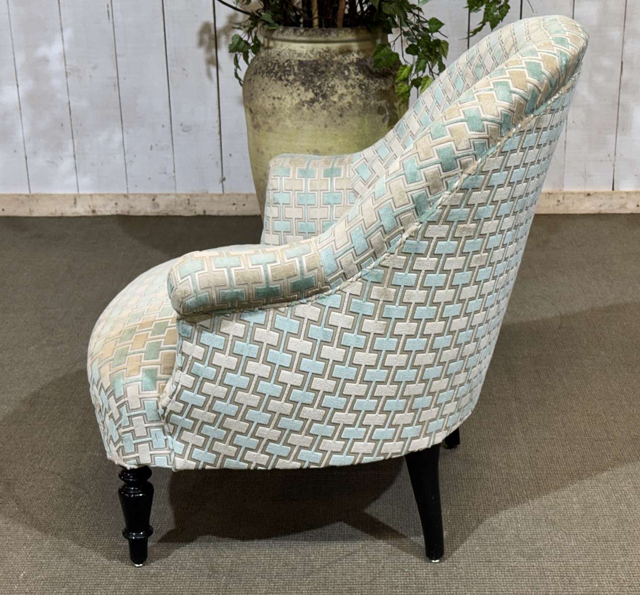Napoleon III toad chair, late 19th century, reupholstered.