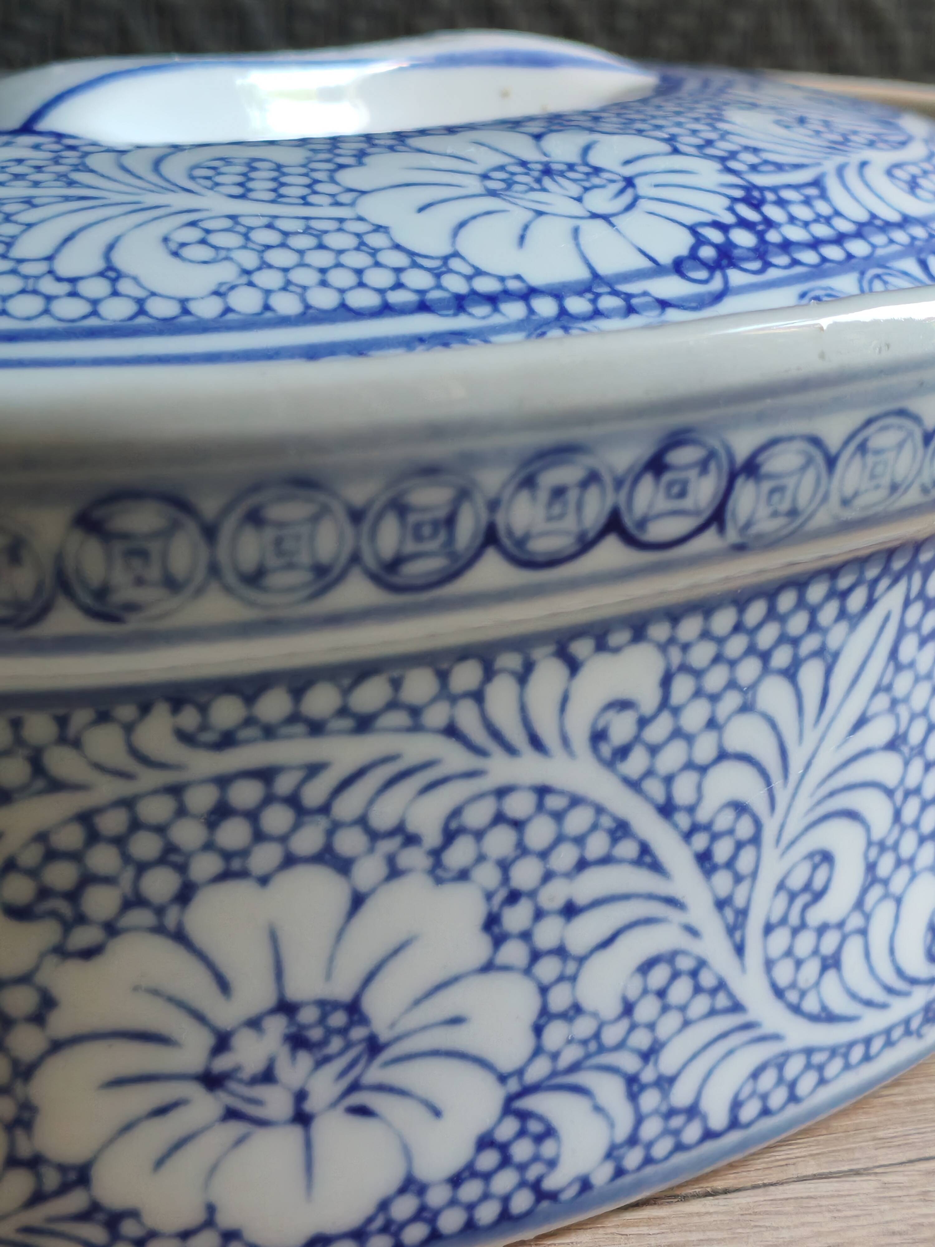 Oval Vintage Terrine in Blue and White Porcelain, Casserole with Lid