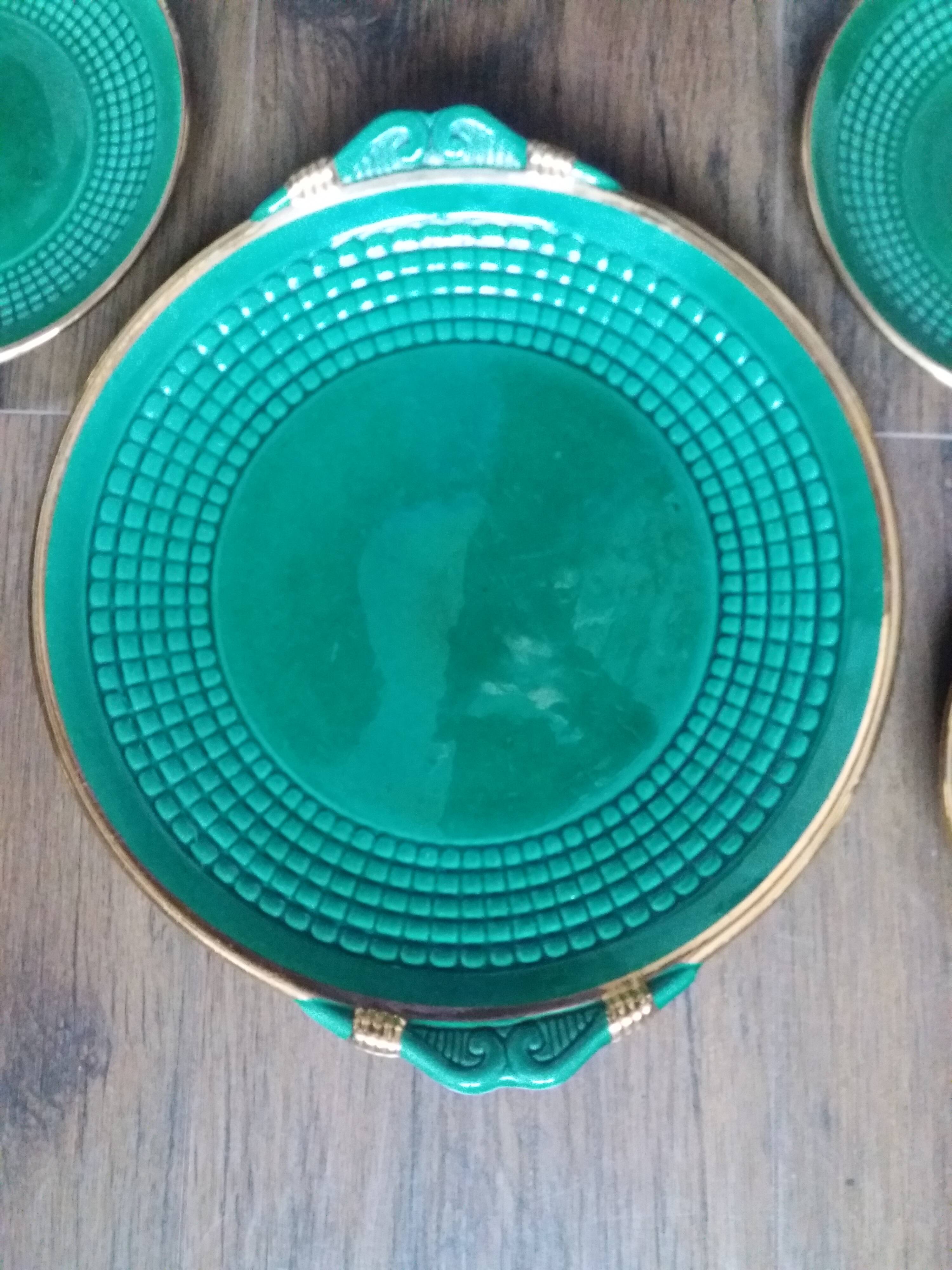 Dessert or cheese set, dish and 4 plates, Saint Clément green and gold