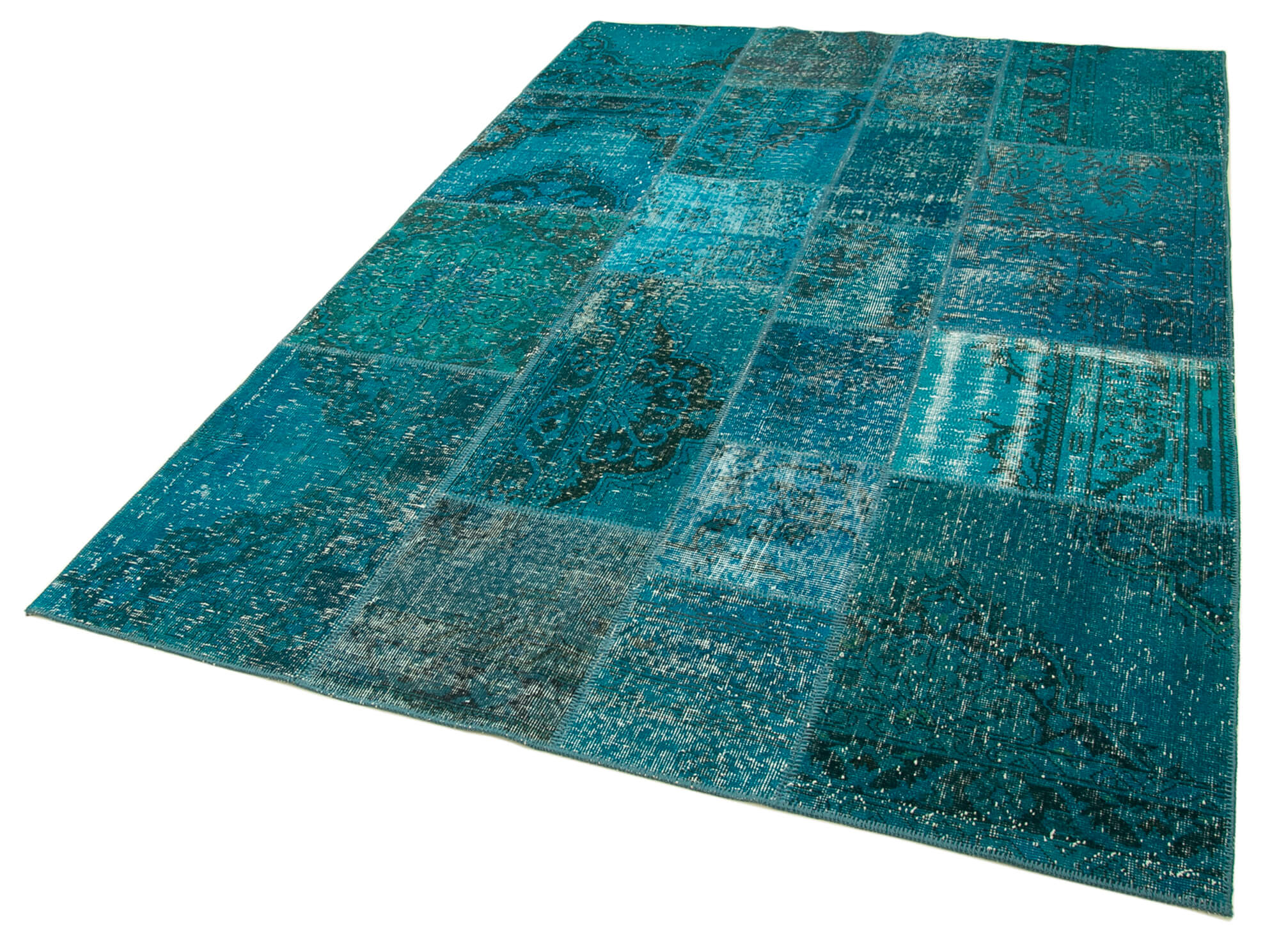Handwoven oriental overdyed 171 cm x 244 cm turquoise patchwork rug