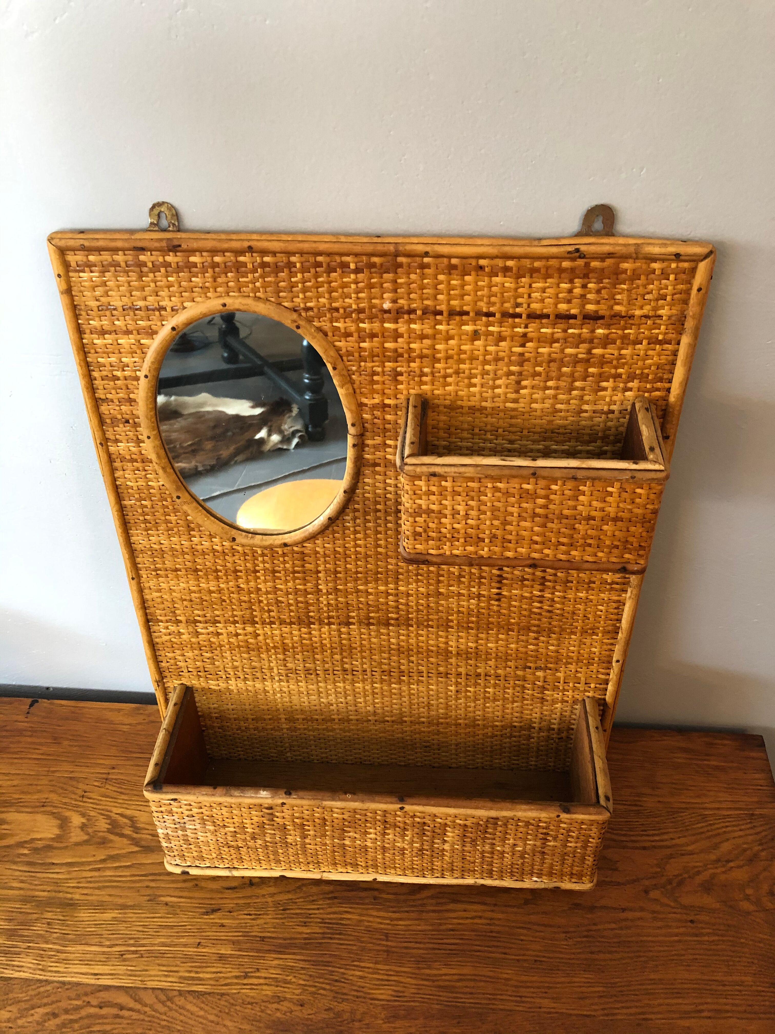 Vintage woven rattan shelf