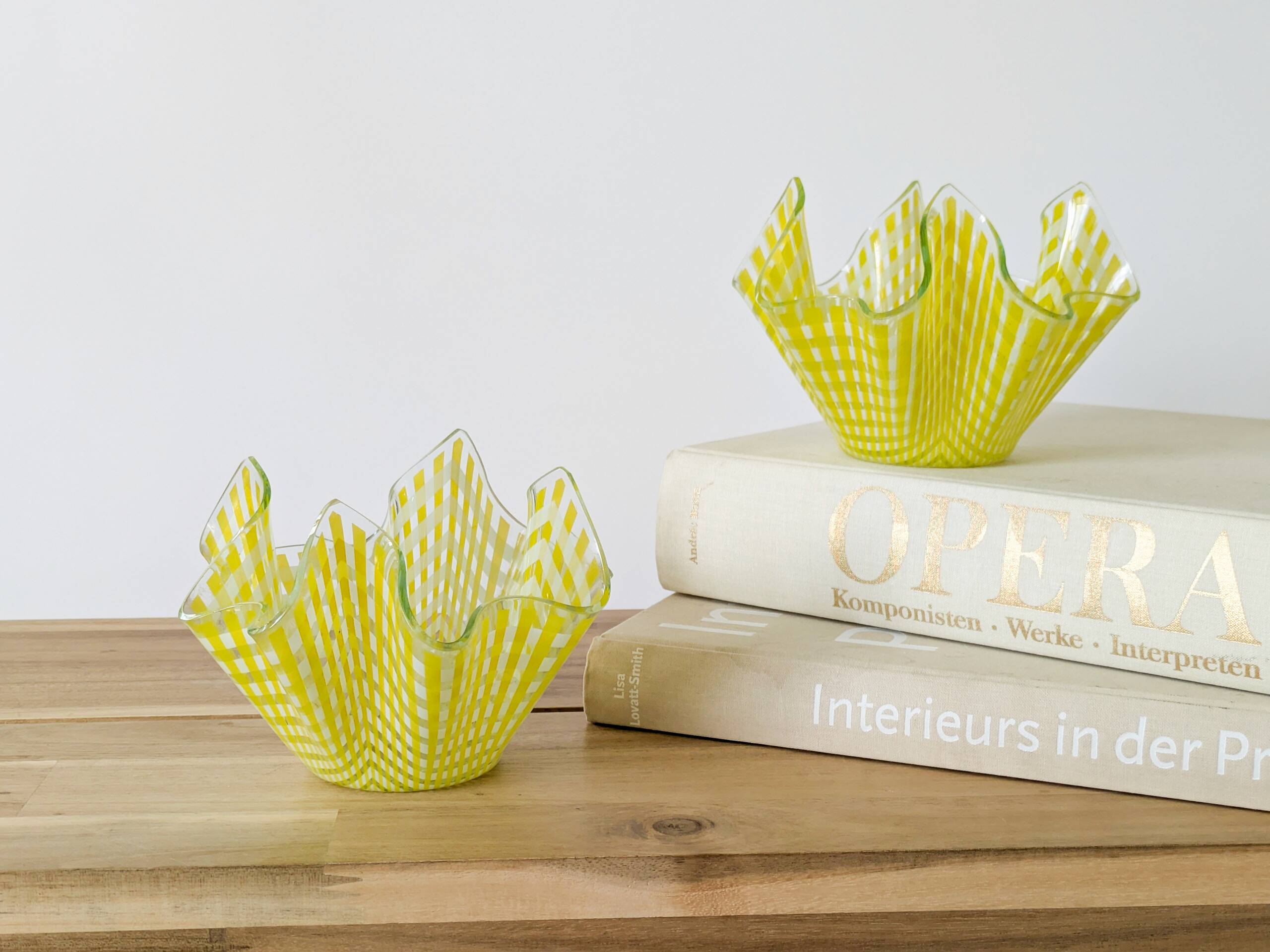 Pair of "Gingham" Chance Brothers cups with yellow checkered pattern and wavy edges.