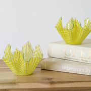 Pair of "Gingham" Chance Brothers cups with yellow checkered pattern and wavy edges.