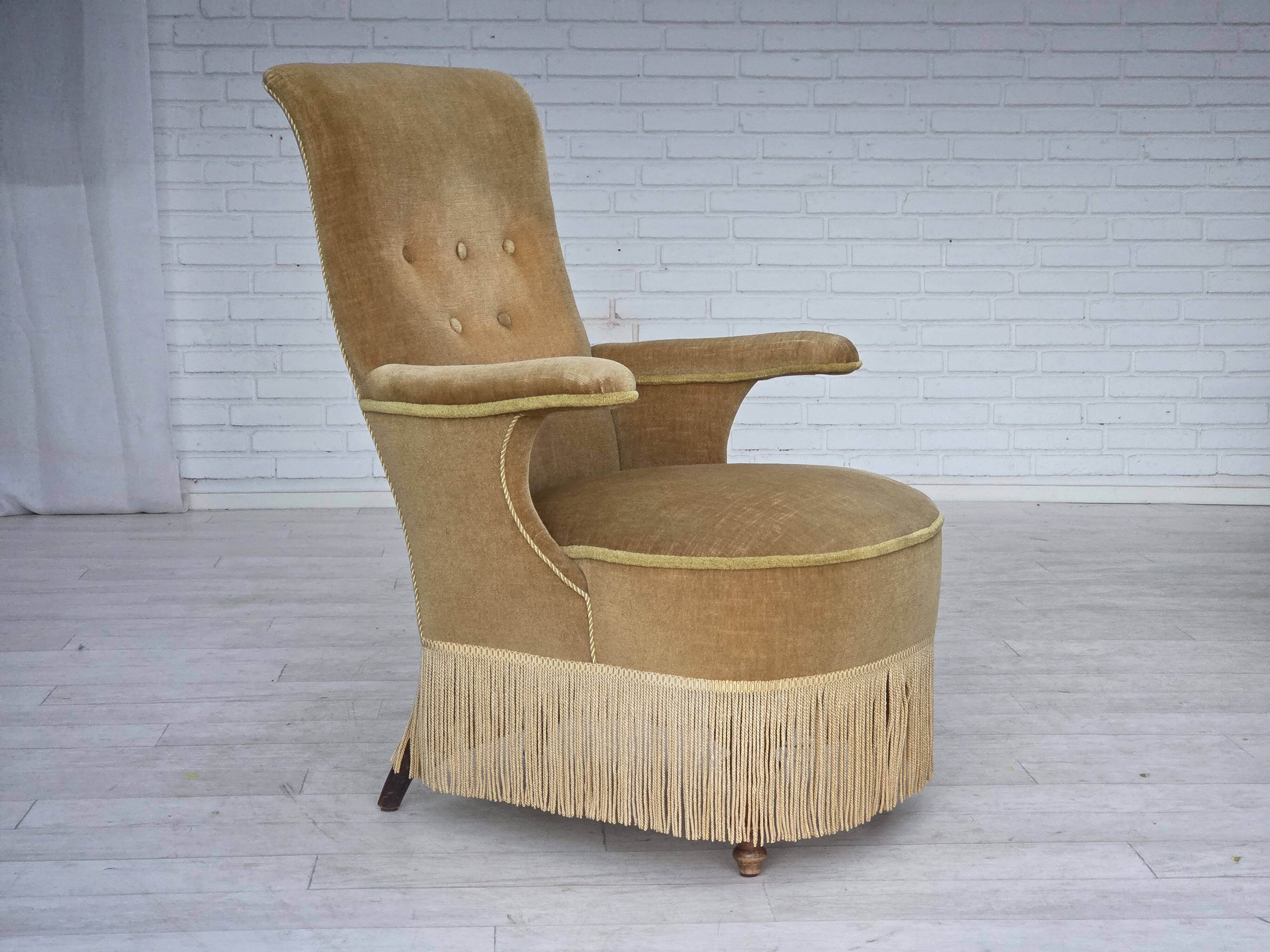 1950s, Danish armchair, furniture velour, ash wood legs.