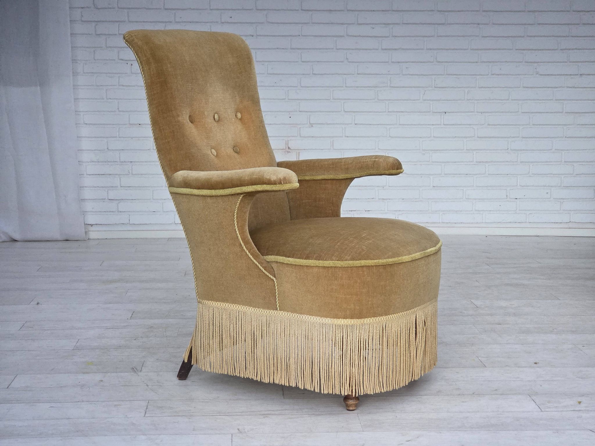 1950s, Danish armchair, furniture velour, ash wood legs.