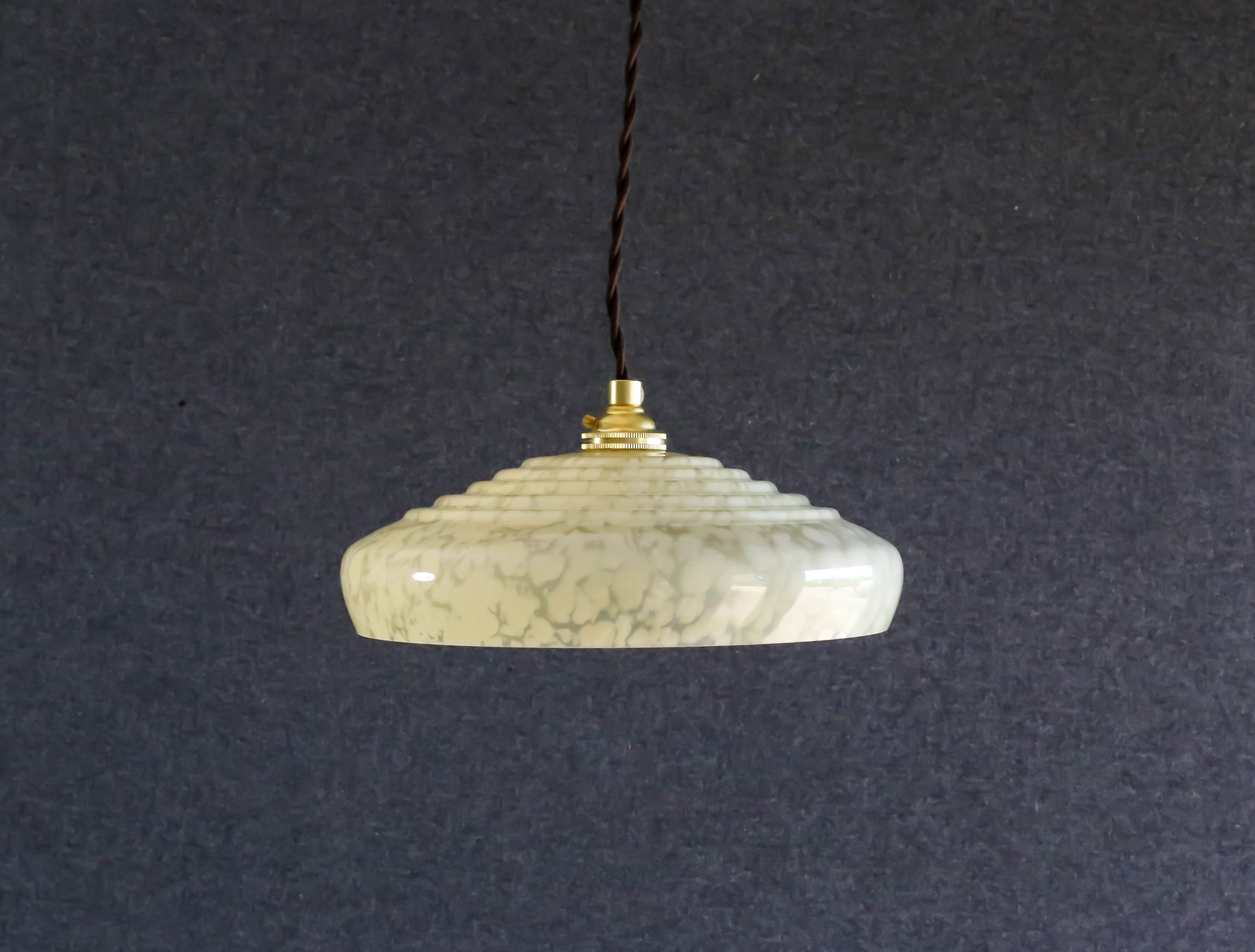 French pendant lamp in pale yellow clichy glass - delivered with new cable and brass socket