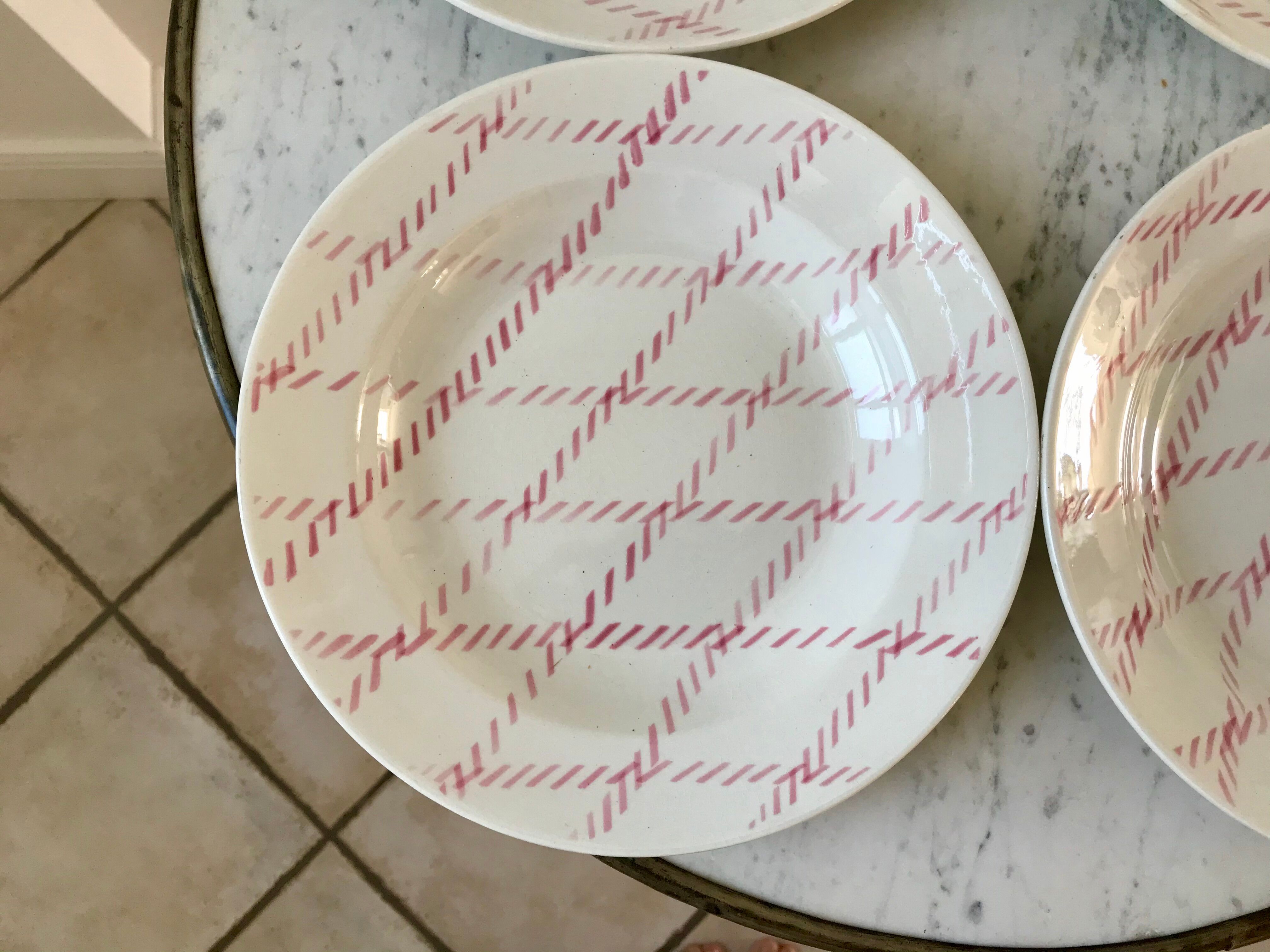 lot de 4 assiettes creuses Badonviller motif corde rose années 30