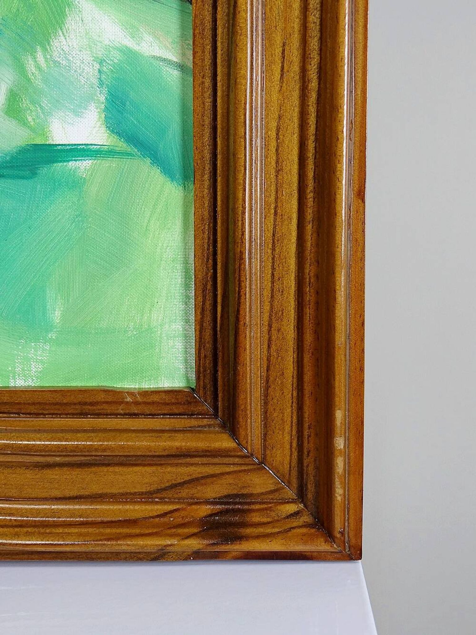 Portrait "The Woman in Green" vintage oil on canvas board framed