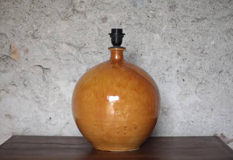 Large glazed terracotta lamp, signed globe lamp, vintage lamp, table lamp, living room lamp, interior decoration.