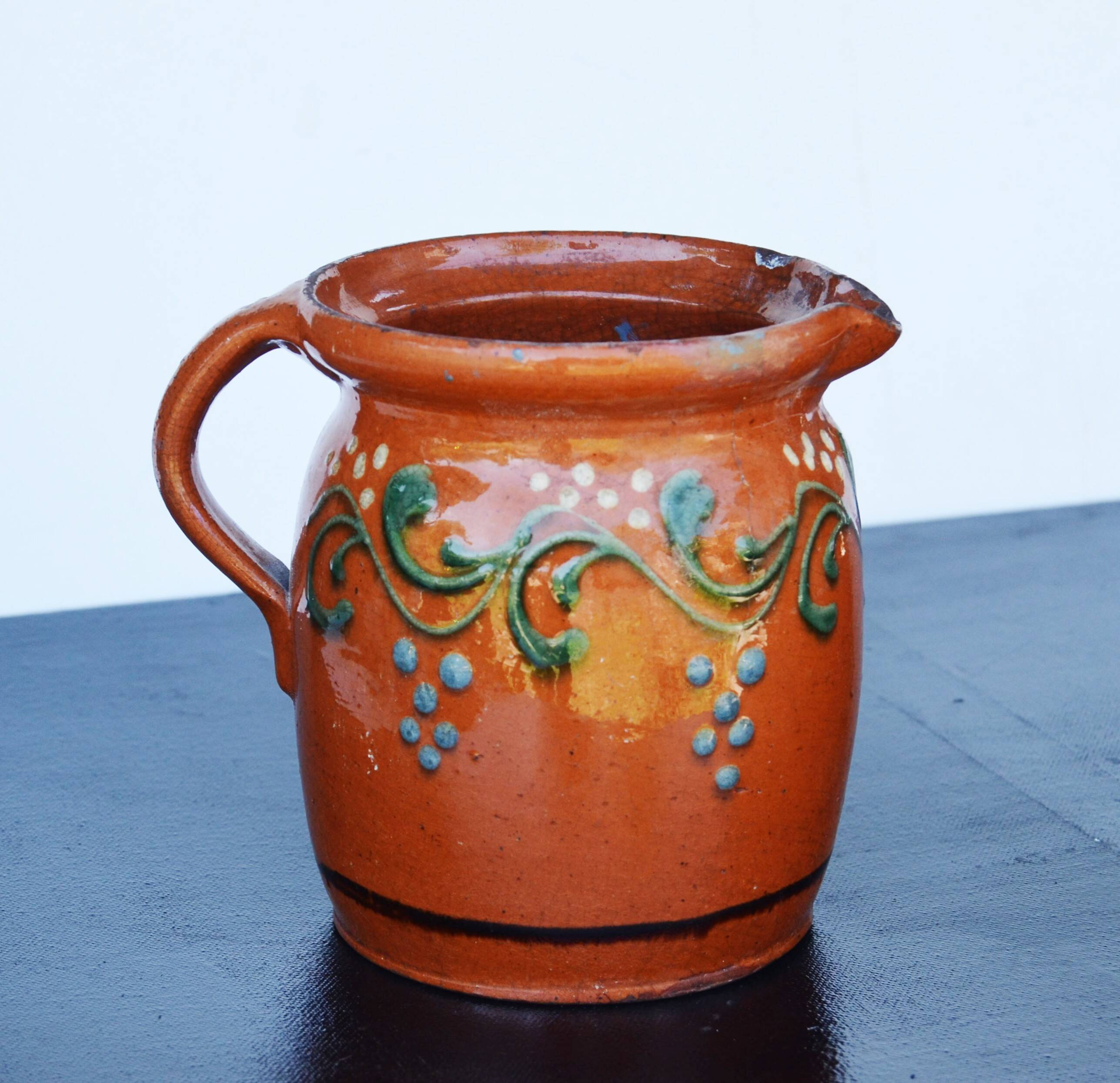 19 th Century French Glazed Terracotta Pitcher Alsace