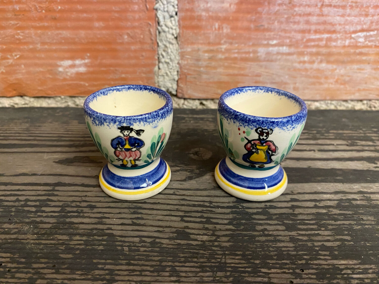 Pair of Antique Quimper Pornic Painted Ceramic Egg Cups Vintage