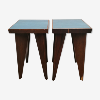 Paire de tabourets bois et formica bleu effet marbré