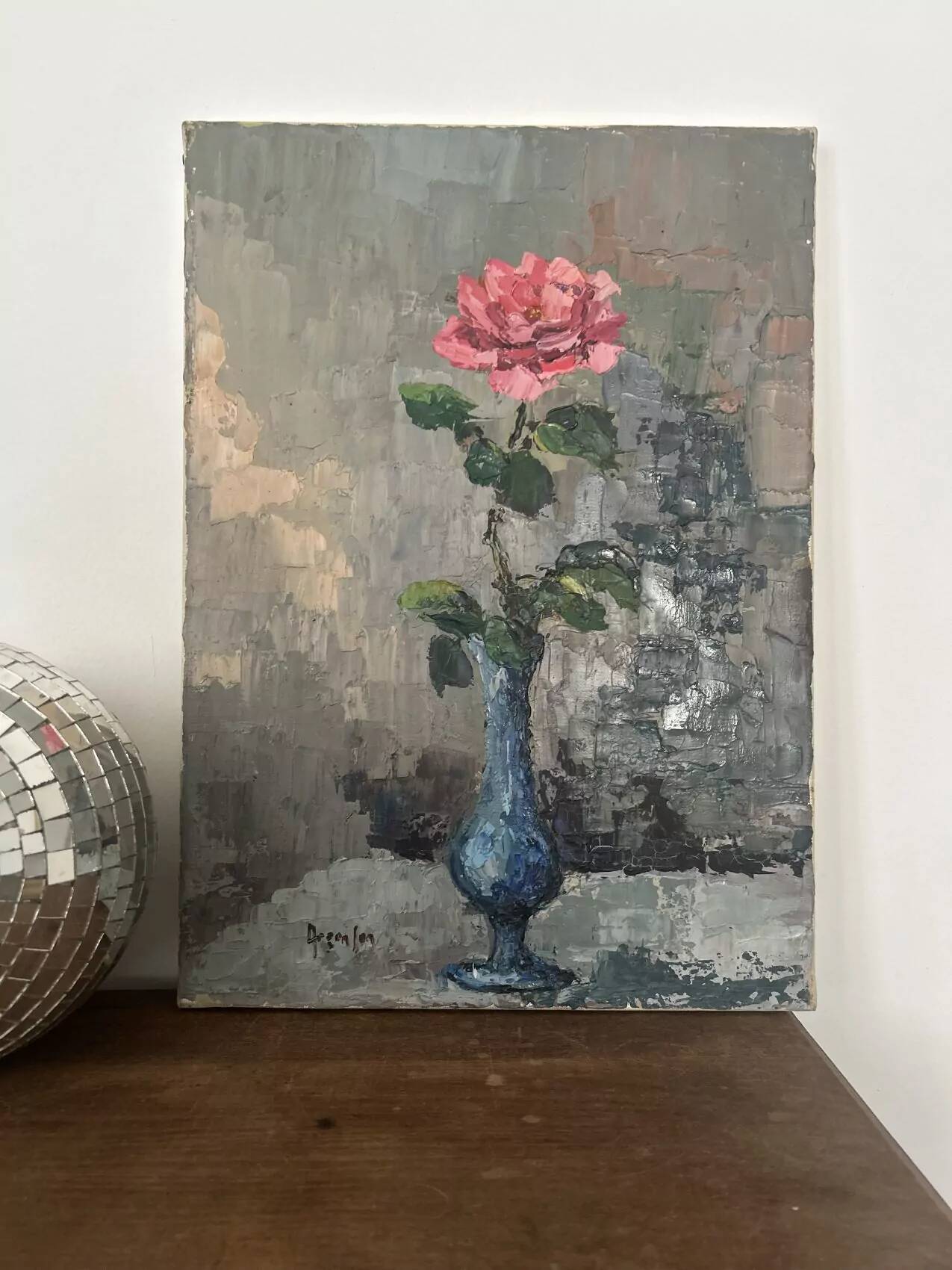 Antique oil painting on canvas, "The Rose in a Blue Vase," mid-20th century, signed