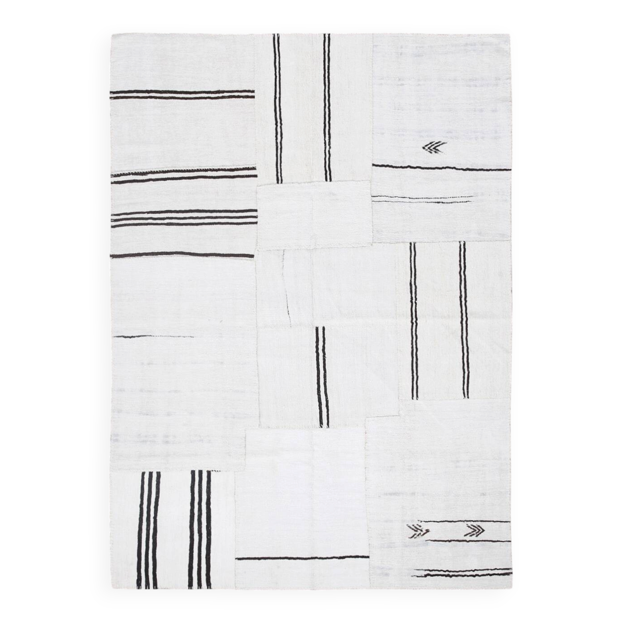 Tapis Kilim contemporain vintage Off White et noir 7x10, 218x307 cm