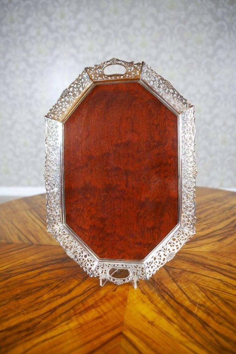 Early-20th Century Wooden Tray with Metal Openwork Border, 1950s