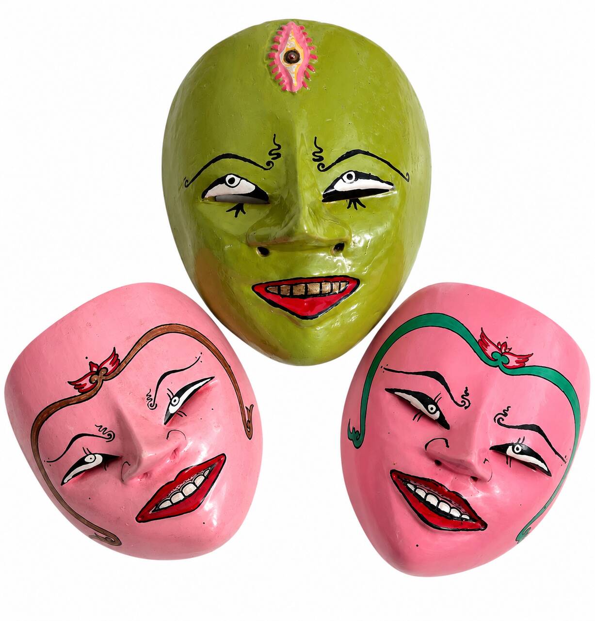 Ensemble de 3 masques muraux vintage peints à la main