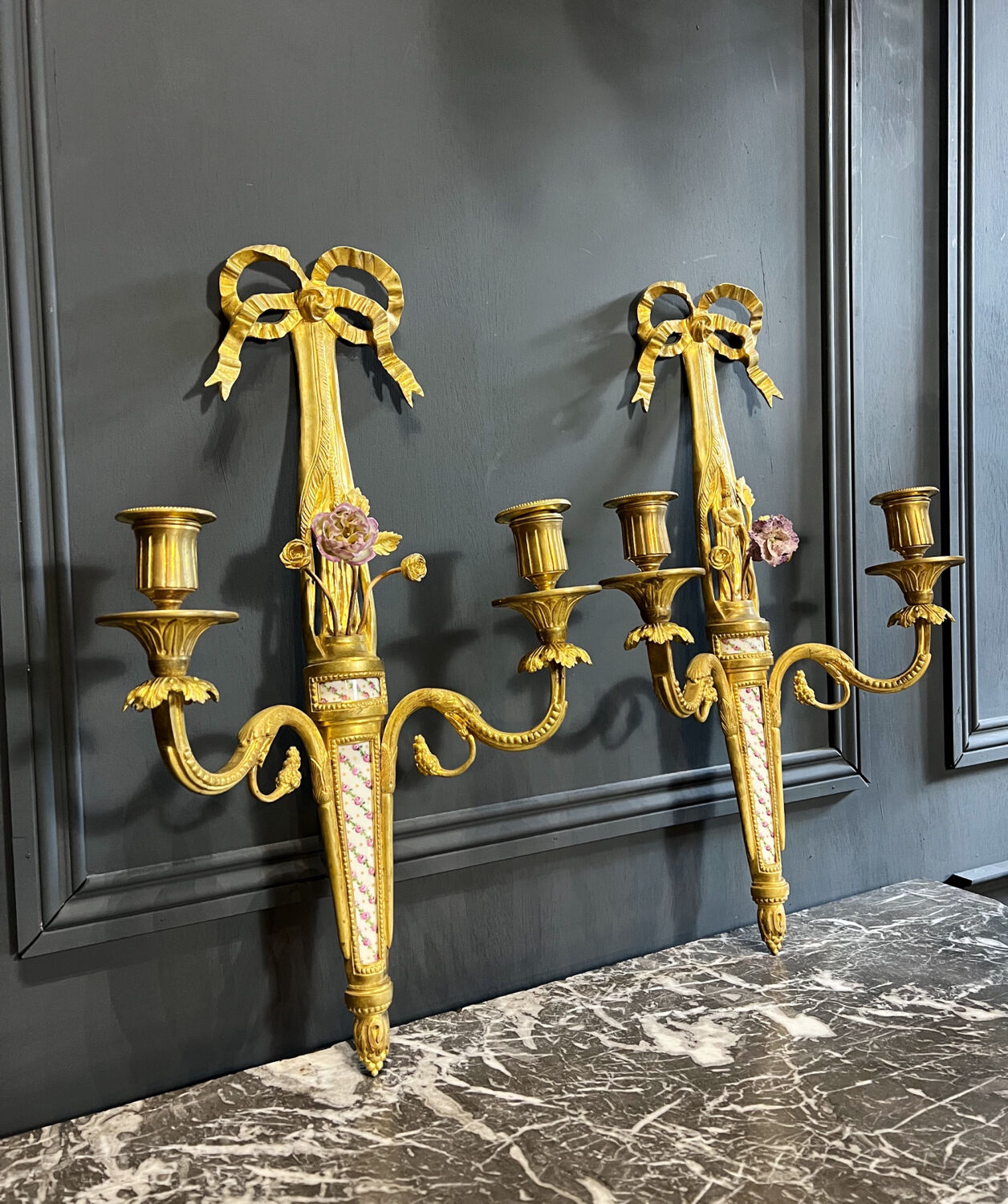 Pair of nineteenth century sconces in bronze and porcelain