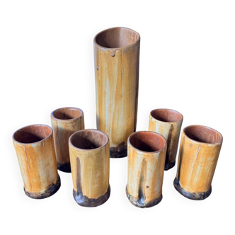 Vintage 1970s ceramic pitcher and glass set for orangeade, faux bamboo.