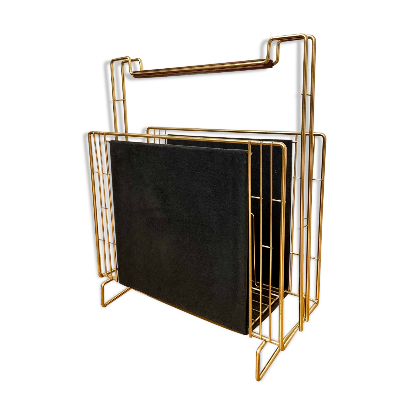 Gold metal, wood and black cotton magazine holder
