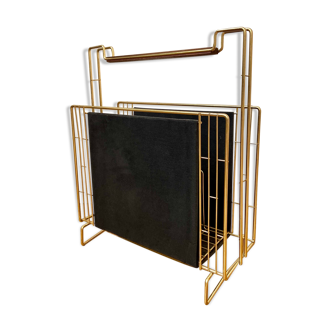 Gold metal, wood and black cotton magazine holder