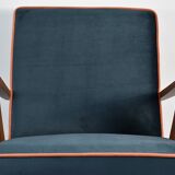 Chaise compas restaurée, tissu jaune canari, fil orange, teck, 1960