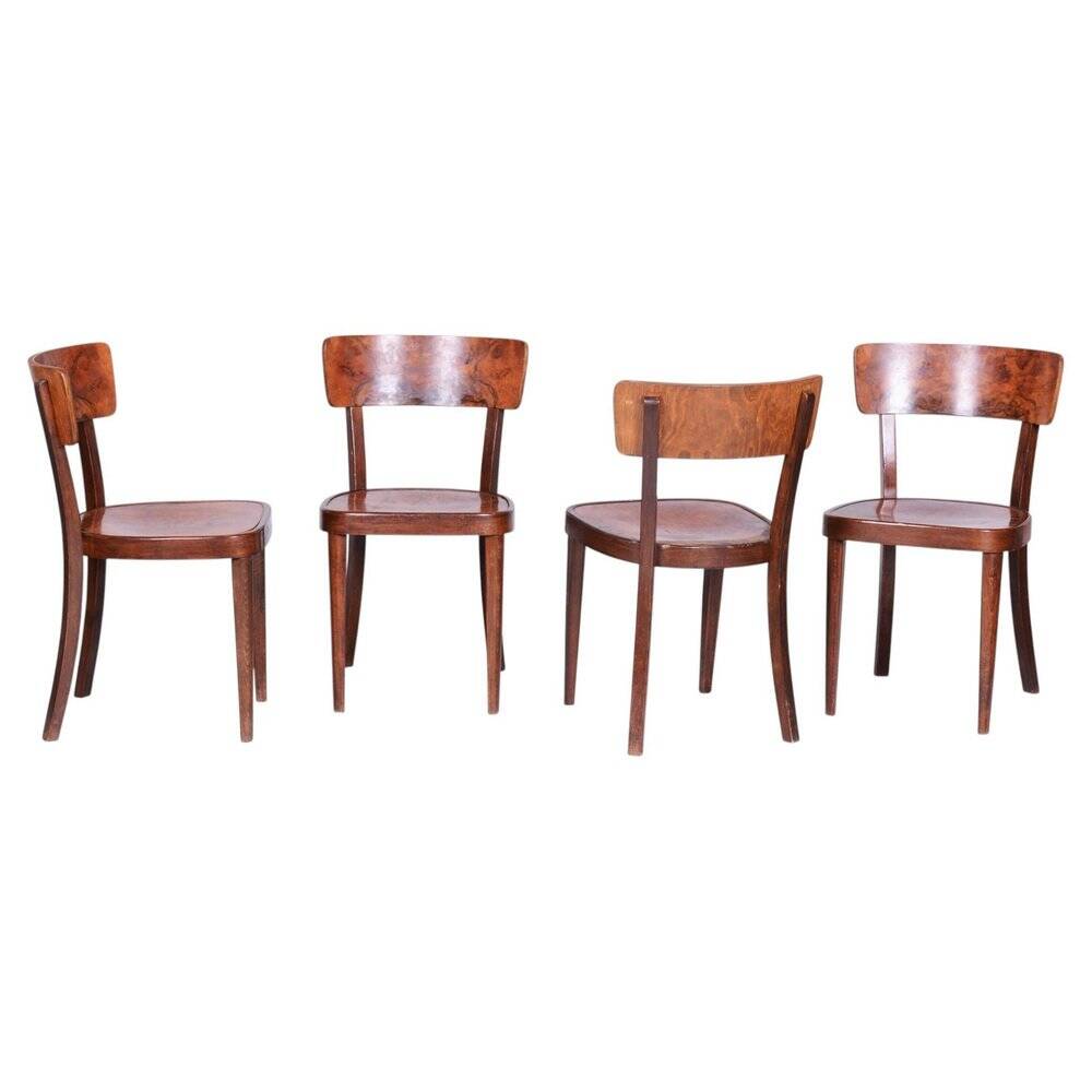 Art Deco Czech Chairs in Beech and Walnut from Thonet, 1940s, Set of 4