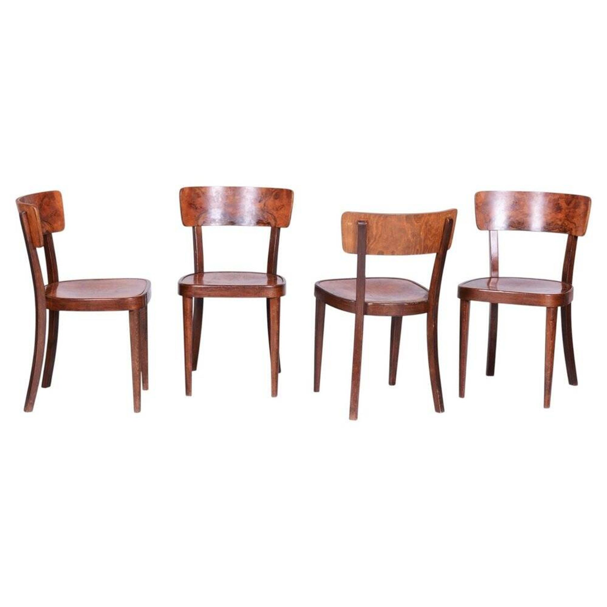 Art Deco Czech Chairs in Beech and Walnut from Thonet, 1940s, Set of 4