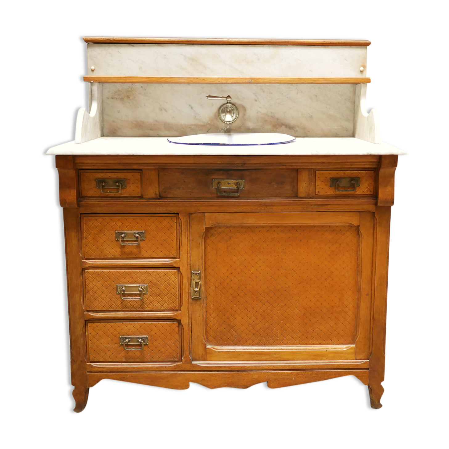 Meuble de toilette lavabo ancien en marbre et en bois