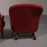 Pair of French red fabric button back armchairs