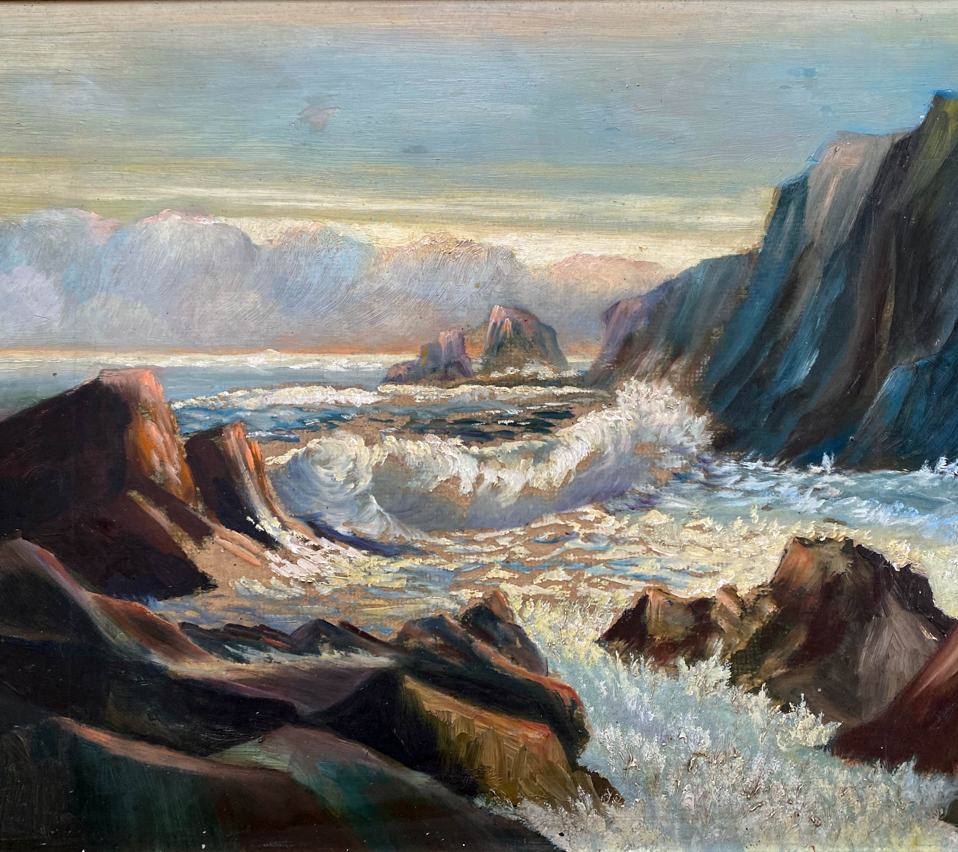 HSP painting "Seaside at sunset" signed O. Blanchard + Marine frame