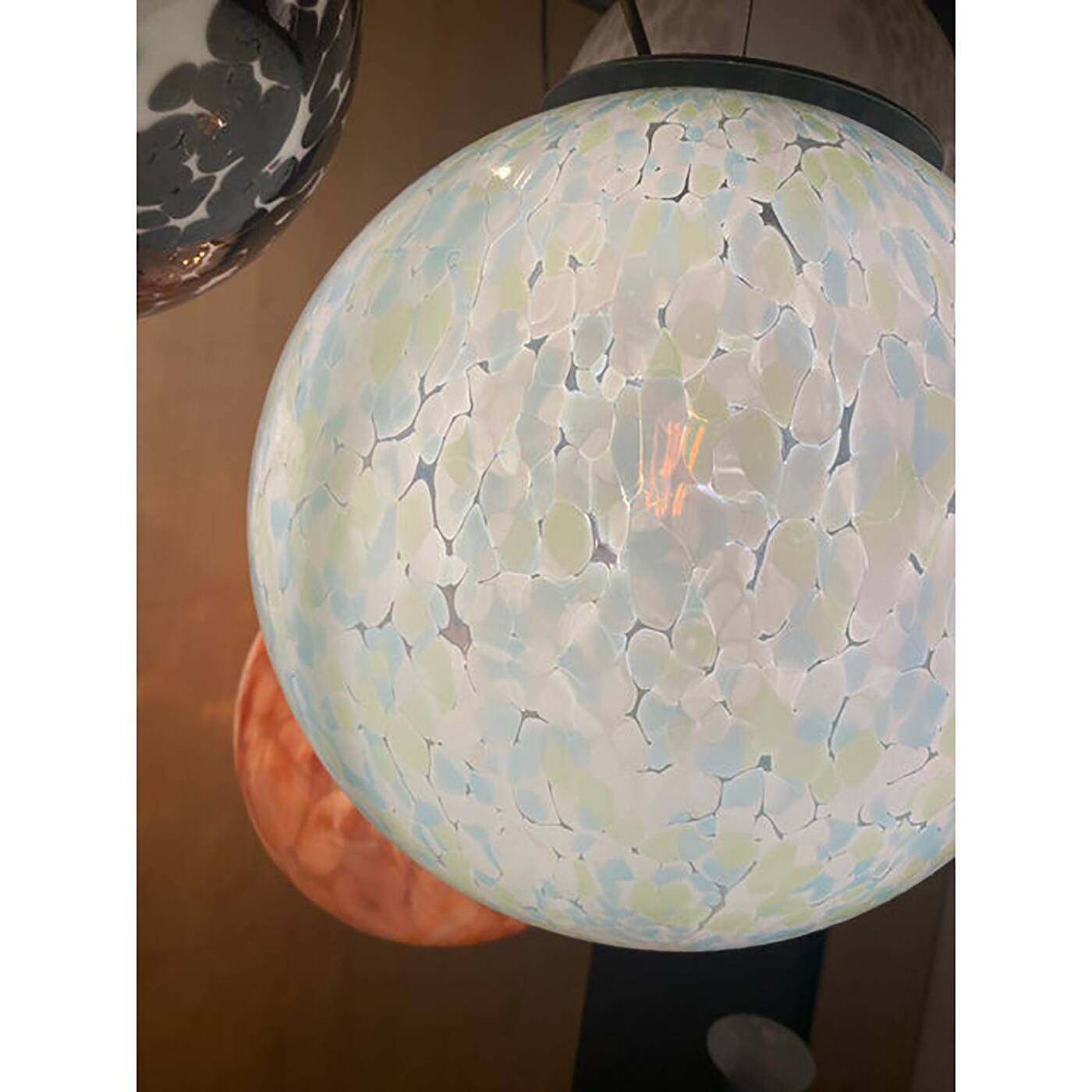 Contemporary Light Green Light Blue and White Swirling Sphere Pendant in Mu