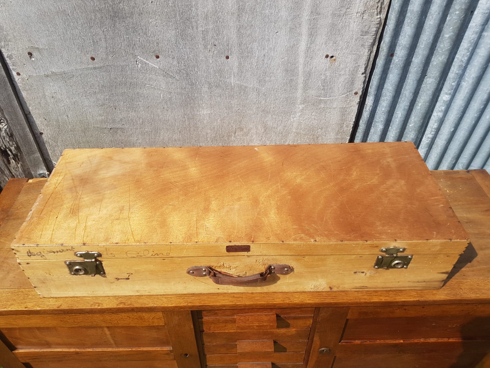 Former valise malle ad hoc wood leather anse vintage deco plate