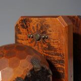Pair of Art Deco faceted ball bookends in oak with metal decorations