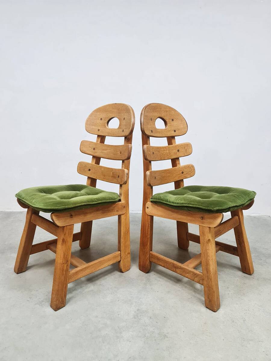 Vintage Spanish oak fishbone chairs 1970 ''Brutalist''